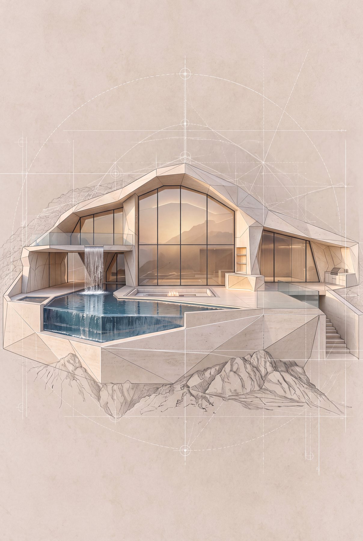 Sketch of the Bay Amoni villa: faceted volumes opening onto the sea and the mountains